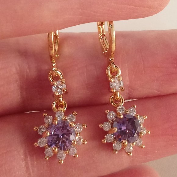 18K Yellow Gold Filled Flower Ameythyst Purple Diamond Zircon Earrings Gorgeous - Picture 3 of 4